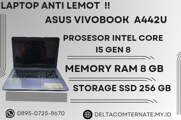 ASUS VIVOBOOK A442U, TYPE BARU BODY SLIM, PROSESOR INTEL CORE I5 GEN 8 RAM 8 GB SSD 256 GB DISPLAY 14 INCH MULUS 