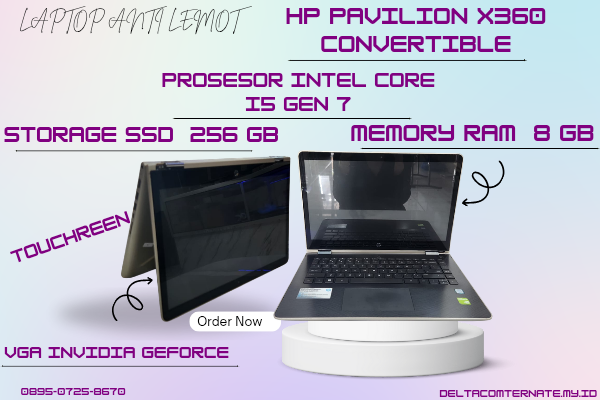 HP PAVILION X360 CONVERTIBLE , TYPE BARU BODY SLIM, PROSESOR INTEL CORE I5 GEN 7 RAM 8 GB SSD 256 GB DISPLAY 14 INCH MULUS 