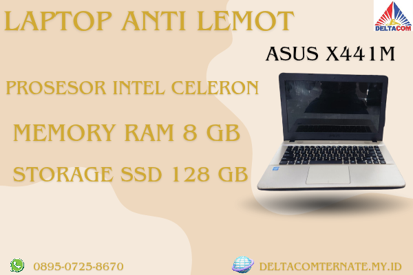 ASUS X441M , TYPE BARU BODY SLIM, PROSESOR INTEL CELERON RAM 8 GB SSD 128 GB DISPLAY 14 INCH MULUS , WARNAH HITAM, LECET SDIKIT      