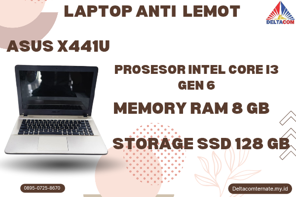 ASUS X441U, TYPE BARU BODY SLIM, PROSESOR INTEL CORE I3 GEN 6 RAM 8 GB SSD 128 GB DISPLAY 14 INCH MULUS, WARNAH HITAM , LECET SDIKIT 