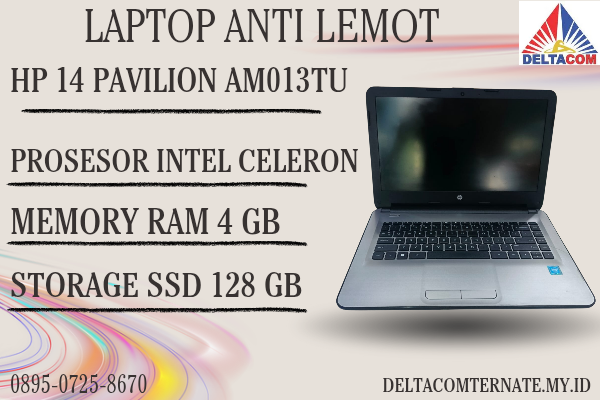 HP 14 PAVILION AM013TU , TYPE BARU BODY SLIM, PROSESOR INTEL CELERON RAM 4 GB SSD 128 GB DISPLAY 14 INCH MULUS , WARNAH GRAY , LECET SDIKIT 