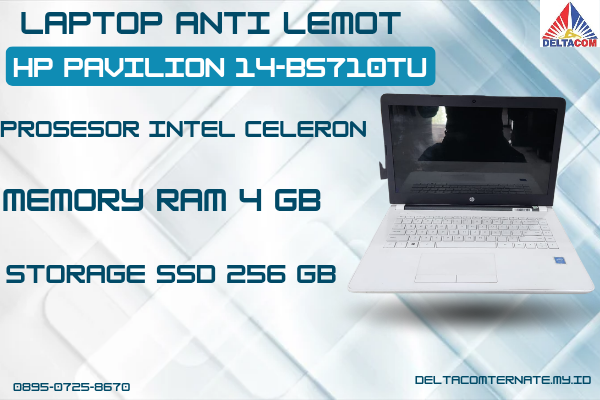 HP PAVILION 14-BS710TU , TYPE BARU BODY SLIM, PROSESOR INTEL CELERON RAM 4 GB SSD 256 GB DISPLAY 14 INCH MULUS , WARNAH PUTIH,  LECET SDIKIT,