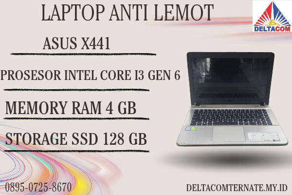 ASUS X441 , TYPE BARU BODY SLIM, PROSESOR INTEL CORE I3 GEN 6 RAM 4 GB SSD 128 GB GB DISPLAY 14 INCH MULUS, WARNAH HITAM ,LECET SDIKIT, 
