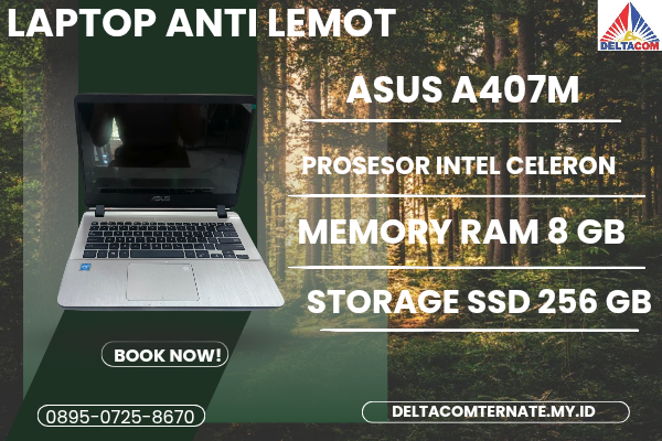 ASUS A407M , TYPE BARU BODY SLIM, PROSESOR INTEL CELERON RAM 8 GB SSD 256 GB GB DISPLAY 14 INCH MULUS , WARNAH GOLD,  LECET SDIKIT, 