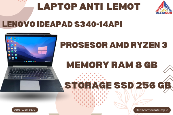 LENOVO IDEAPAD S340-14API , TYPE BARU BODY SLIM, PROSESOR AMD RYZEN 3 RAM 8 GB SSD 256 GB GB DISPLAY 14 INCH MULUS, WARNAH SILVER, LECET SDIKIT 