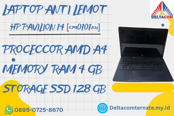 HP PAVILION 14 [cm0101au] , TYPE BARU BODY SLIM, PROSESOR AMD A4 RAM 4 GB SSD 128 GB DISPLAY 14 INCH MULUS , WARNAH HITAM,  LECET SDIKIT, 