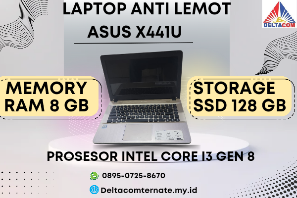 ASUS X441U, TYPE BARU BODY SLIM, PROSESOR INTEL CORE I3 GEN 8 RAM 8 GB SSD 128 GB GB DISPLAY 14 INCH MULUS , WARNAH GOLD,  LECET SDIKIT,