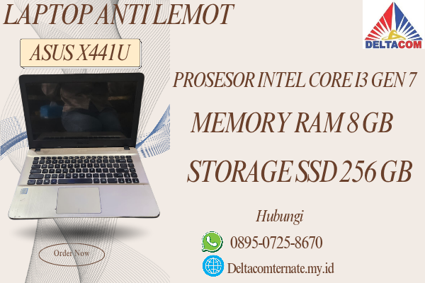 ASUS X441U , TYPE BARU BODY SLIM, PROSESOR INTEL CORE I3 GEN 7 RAM 8 GB STORAGE SSD 256 GB  DISPLAY 14 INCH MULUS, WARNAH GOLD,  LECET SDIKIT, 