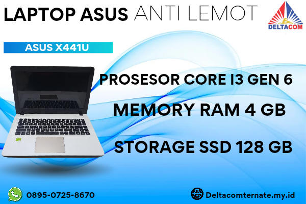 ASUS X441U , TYPE BARU BODY SLIM, PROSESOR INTEL CORE I3 GEN 6 RAM 4 GB STORAGE SSD 128 GB  DISPLAY 14 INCH MULUS, WARNAH PUTIH,  LECET SDIKIT,  