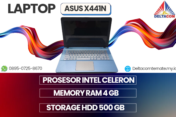 ASUS X441N , TYPE BARU BODY SLIM, PROSESOR INTEL CELERON RAM 4 GB STORAGE HDD 500 GB  DISPLAY 14 INCH MULUS , WARNAH BIRU,  LECET SDIKIT,  