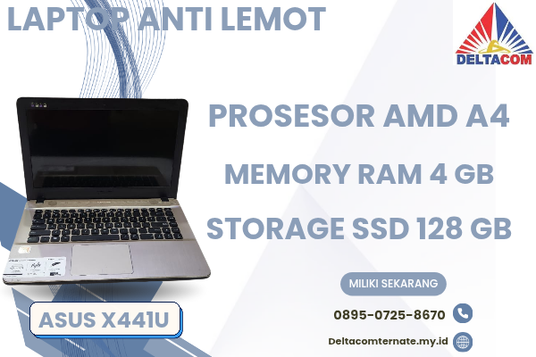 ASUS  X441U , TYPE BARU BODY SLIM, PROSESOR AMD A4 MEMORY RAM 4 GB STORAGE SSD 128 GB  DISPLAY 14 INCH MULUS , WARNAH HITAM,  LECET SDIKIT, 