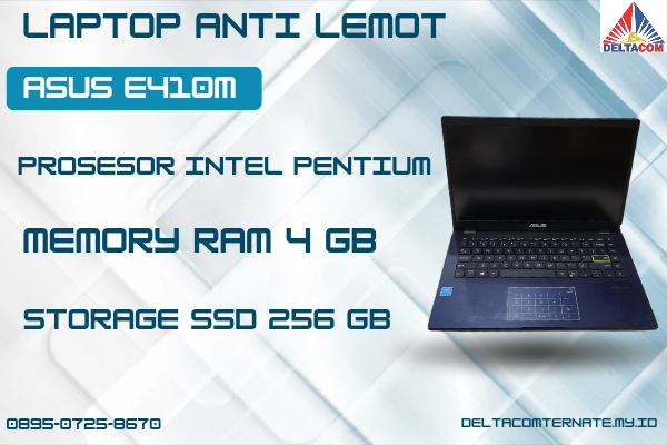 ASUS E410M , TYPE BARU BODY SLIM, PROSESOR INTEL PENTIUM MEMORY RAM 4 GB STORAGE SSD 256 GB  DISPLAY 14 INCH MULUS , WARNAH UNGU,  LECET SDIKIT, 
