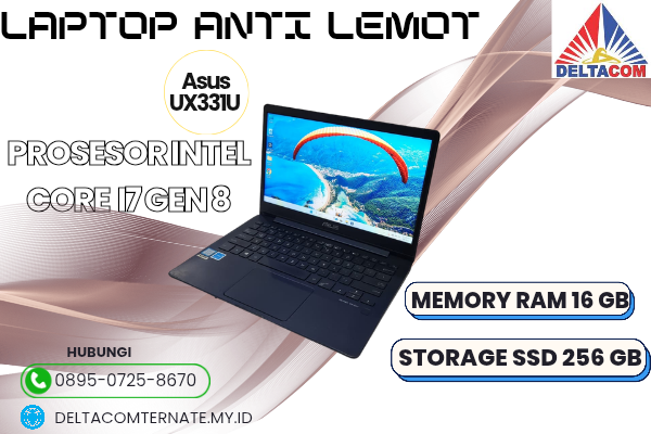 ASUS UX331U , TYPE BARU BODY SLIM, PROSESOR INTEL CORE I7 GEN 8 MEMORY RAM 16 GB STORAGE SSD 256 GB  DISPLAY 13 INCH MULUS , WARNAH HITAM, LECET SDIKI