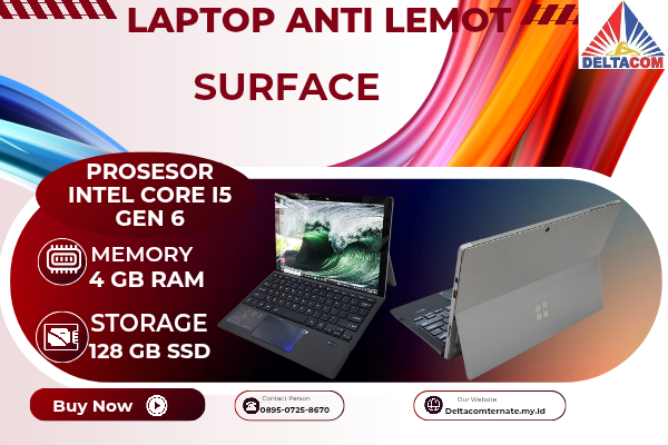SURFACE , TYPE BARU BODY SLIM, PROSESOR INTEL CORE I5 GEN 6 MEMORY RAM 4 GB STORAGE SSD 128 GB  DISPLAY 13 INCH MULUS, WARNAH SILVER,  LECET SDIKIT, 