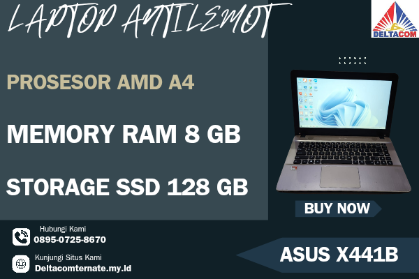 ASUS X441B , TYPE BARU BODY SLIM, PROSESOR AMD A4 MEMORY RAM 8 GB STORAGE SSD 128 GB  DISPLAY 14 INCH MULUS, WARNAH GOLD,  LECET SDIKIT,