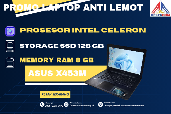 ASUS X453M , TYPE BARU BODY SLIM, PROSESOR INTEL CELERON MEMORY RAM 8 GB STORAGE SSD 128 GB  DISPLAY 14 INCH MULUS , WARNAH MERAH,  LECET SDIKIT,  