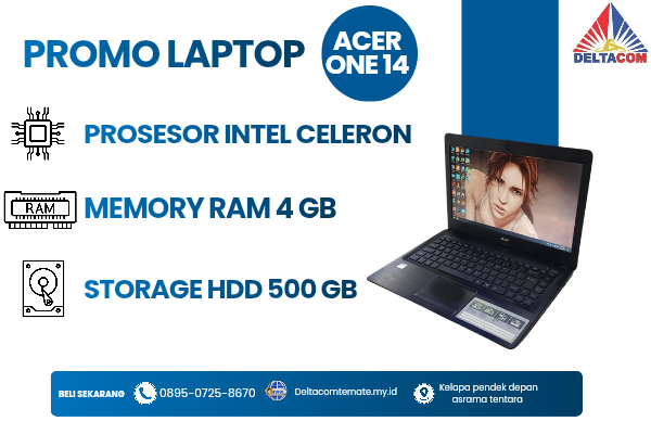 ACER ONE 14 [Z1402] , TYPE BARU BODY SLIM, PROSESOR INTEL CELERON RAM 4 GB STORAGE HDD 500 GB  DISPLAY 14 INCH MULUS , WARNAH HITAM,  LECET SDIKIT,  