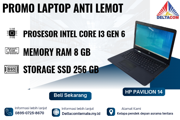 HP PAVILION 14 -BS743TU, TYPE BARU BODY SLIM, PROSESOR INTEL CORE I3 GEN 6 MEMORY RAM 8 GB STORAGE SSD 256 GB  DISPLAY 14 INCH MULUS , WARNAH HITAM,  