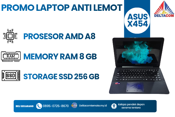 ASUS AMD A8 , TYPE BARU BODY SLIM, PROSESOR AMD A8 MEMORY RAM 8 GB STORAGE SSD 256 GB  DISPLAY 14 INCH MULUS, WARNAH HITAM,  LECET SDIKIT,  