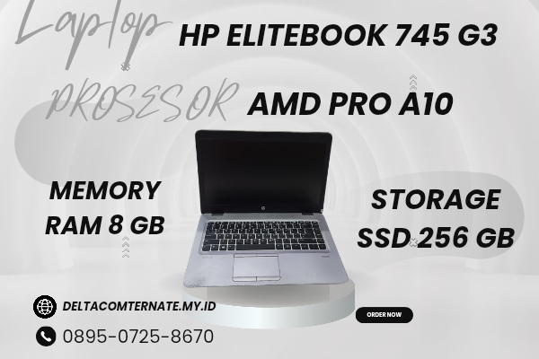 HP ELITEBOOK 745 G3 , TYPE BARU BODY SLIM, PROSESOR AMD PRO A10 MEMORY RAM 8 GB STORAGE SSD 256 GB  DISPLAY 14 INCH MULUS , WARNAH SILVER,  LECET SDIK