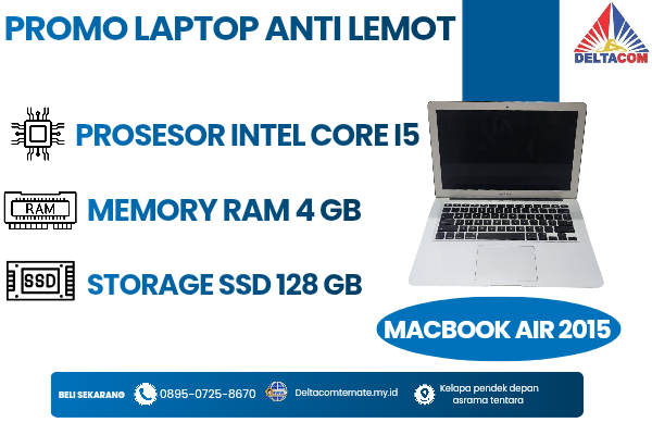MACBOOK AIR 2015 , TYPE BARU BODY SLIM, PROSESOR INTEL CORE I5 MEMORY RAM 4 GB STORAGE SSD 128 GB  DISPLAY 14 INCH MULUS, WARNAH SILVER,  LECET SDIKIT