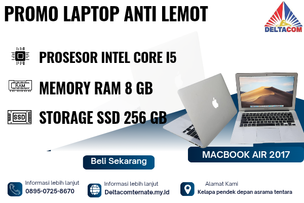 MACBOOK AIR 2017 , TYPE BARU BODY SLIM, PROSESOR INTEL CORE I5 MEMORY RAM 8 GB STORAGE SSD 256 GB  DISPLAY 14 INCH MULUS, WARNAH SILVER,  LECET SDIKIT