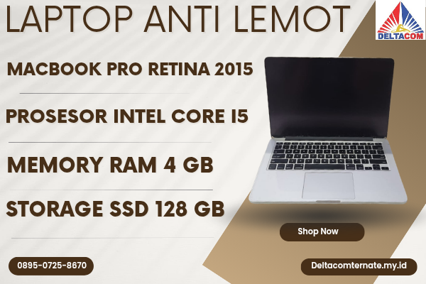 MACBOOK PRO RETINA 2015 , TYPE BARU BODY SLIM, PROSESOR INTEL CORE I5 MEMORY RAM 4 GB STORAGE SSD 128 GB  DISPLAY 14 INCH MULUS , WARNAH SILVER , LECE