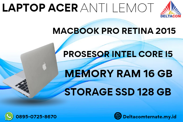 MACBOOK PRO RETINA 2015 , TYPE BARU BODY SLIM, PROSESOR INTEL CORE I5 MEMORY RAM 16 GB STORAGE SSD 128 GB  DISPLAY 14 INCH MULUS , WARNAH SILVER  , LE
