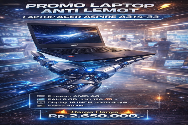 ACER ASPIRE A314-33 , TYPE BARU BODY SLIM, PROSESOR AMD A6 MEMORY RAM 8 GB STORAGE SSD 128 GB  DISPLAY 14 INCH MULUS, WARNAH HITAM,  LECET SDIKIT,  