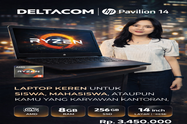 HP PAVILION 14 , TYPE BARU BODY SLIM, PROSESOR AMD RYZEN 3 MEMORY RAM 8 GB STORAGE SSD 256 GB  DISPLAY 14 INCH MULUS , WARNAH HITAM  , LECET SDIKIT  ,