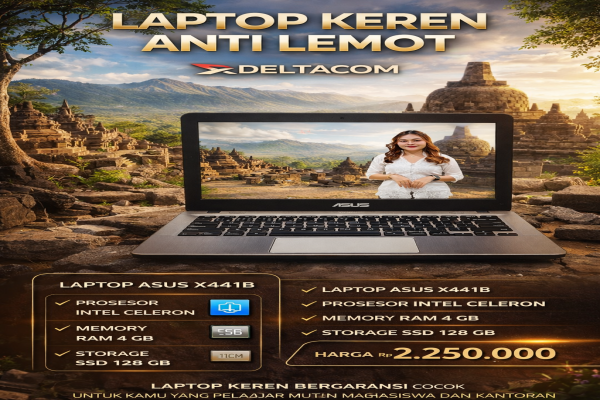 ASUS X441B , TYPE BARU BODY SLIM, PROSESOR INTEL CELERON MEMORY RAM 4 GB STORAGE SSD 128 GB  DISPLAY 14 INCH MULUS , WARNAH HITAM-GOLD , LECET SDIKIT,