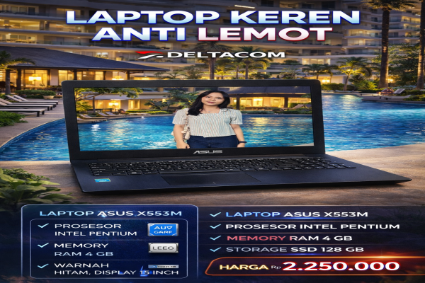 ASUS X553M , TYPE BARU BODY SLIM, PROSESOR INTEL PENTIUM MEMORY RAM 4 GB STORAGE SSD 128 GB  DISPLAY 15 INCH MULUS , WARNA HITAM , LECET SDIKIT ,