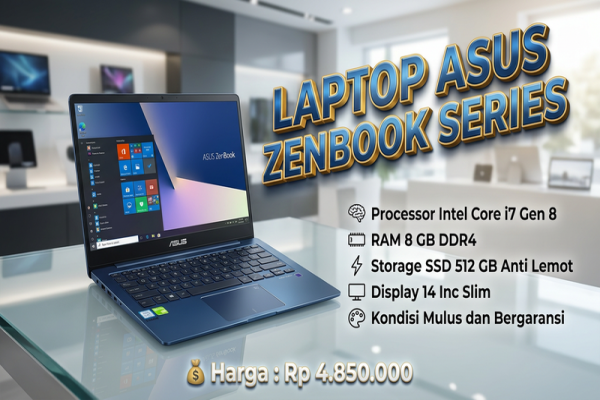 LAPTOP ASUS ZENBOOK SERIES  🧠 Processor Intel Core i7 Gen 8  💾 RAM 8 GB DDR4  ⚡ Storage SSD 512 GB Anti Lemot  🖥️ Display 14 Inc Slim  🎨 Kondisi Mulus