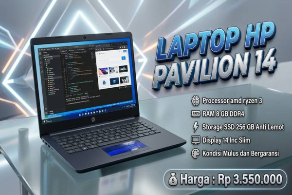 LAPTOP HP PAVILION 14  🧠 Processor AMD RYZEN 3  💾 RAM 8 GB DDR4  ⚡ Storage SSD 256 GB Anti Lemot  🖥️ Display 14 Inc Slim  🎨 Kondisi Mulus dan Bergaran