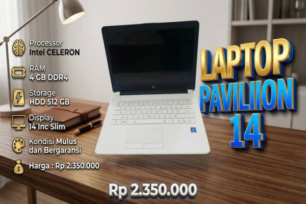 LAPTOP PAVILION 14  🧠 Processor Intel CELERON  💾 RAM 4 GB DDR4  ⚡ Storage HDD 500 GB  🖥️ Display 14 Inc Slim  🎨 Kondisi Mulus dan Bergaransi  💰 Harga 