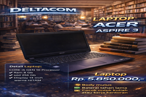 LAPTOP ACER ASPIRE 3  🧠 Processor Intel Core i5 Gen 10  💾 RAM 8 GB DDR4  ⚡ Storage SSD 256 GB Anti Lemot  🖥️ Display 15 Inc Slim  🎨 Kondisi Mulus dan 