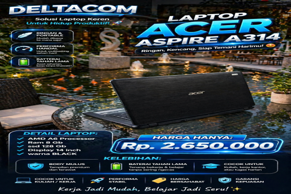 LAPTOP ACER ASPIRE A314  🧠 Processor AMD A6  💾 RAM 8 GB DDR4  ⚡ Storage SSD 128 GB Anti Lemot  🖥️ Display 14 Inc Slim  🎨 Kondisi Mulus dan Bergaransi