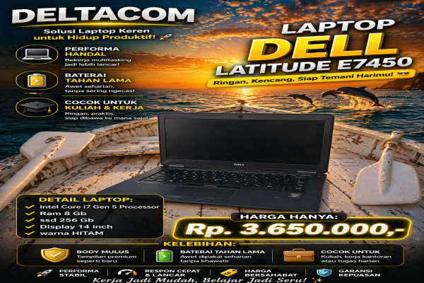 LAPTOP DELL LATITUDE E7450  🧠 Processor Intel Core i7 Gen 5  💾 RAM 8 GB DDR4  ⚡ Storage SSD 256 GB Anti Lemot  🖥️ Display 14 Inc Slim  🎨 Kondisi Mulus