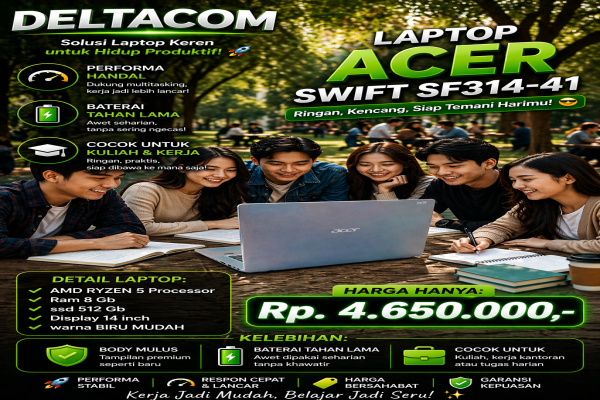 LAPTOP ACER SWIFT SF314-41   🧠 Processor AMD RYZEN 5  💾 RAM 8 GB DDR4  ⚡ Storage SSD 512 GB Anti Lemot  🖥️ Display 14 Inc Slim  🎨 Kondisi Mulus dan Be