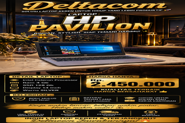 LAPTOP HP PAVILION   🧠 Processor Intel Celeron   💾 RAM 4 GB DDR4  ⚡ Storage SSD 128 GB Anti Lemot  🖥️ Display 14 Inc Slim  🎨 Kondisi Mulus dan Bergara