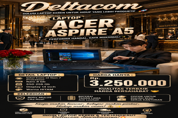 LAPTOP ACER ASPIRE A5  🧠 Processor Intel Core i3 Gen 7  💾 RAM 8 GB DDR4  ⚡ Storage SSD 256 GB Anti Lemot  🖥️ Display 14 Inc Slim  🎨 Kondisi Mulus dan 