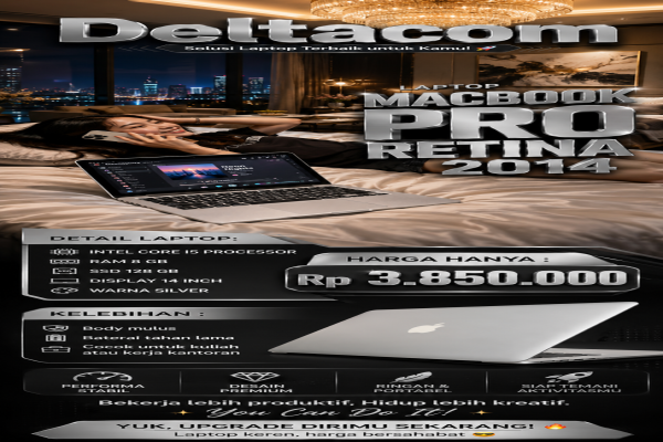 LAPTOP MACBOOK PRO RETINA 2014  🧠 Processor Intel Core i5   💾 RAM 8 GB DDR4  ⚡ Storage SSD 128 GB  🖥️ Display 14 Inc Slim  🎨 Kondisi Mulus dan Bergara