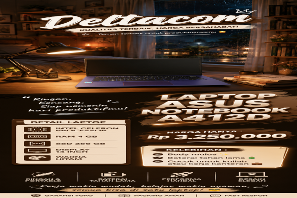 LAPTOP ASUS NOTEBOOK A412D  🧠 Processor Intel CELERON   💾 RAM 4 GB DDR4  ⚡ Storage SSD 256 GB  🖥️ Display 14 Inc Slim  🎨 Kondisi Mulus dan Bergaransi 